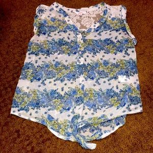 Candies XS blue, white & yellow floral with dome lace blouse EUC ties